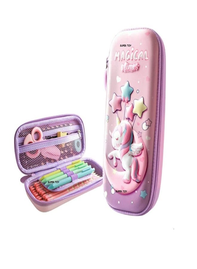 PEACORA 3D Unicorn Large Capacity Pencil Case Compass with Compartments, School Supply Organizer for Students, Stationery Box Cosmetic Zip Pouch Bag (Half Unicorn Star Pouch Small (Pink)) - Image 1